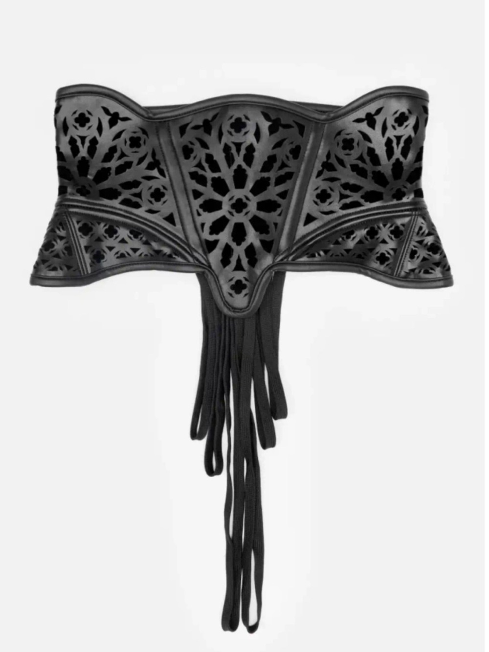 Rosarium Corset Belt - Black Laser-Cut Waist Corset Belt with Tassel Lacing